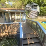 A high-angle view showcasing the results of deck painting and staining on the main walkway and stairs. An inset shows the previous state of the peeling wood before the protective coating was applied.