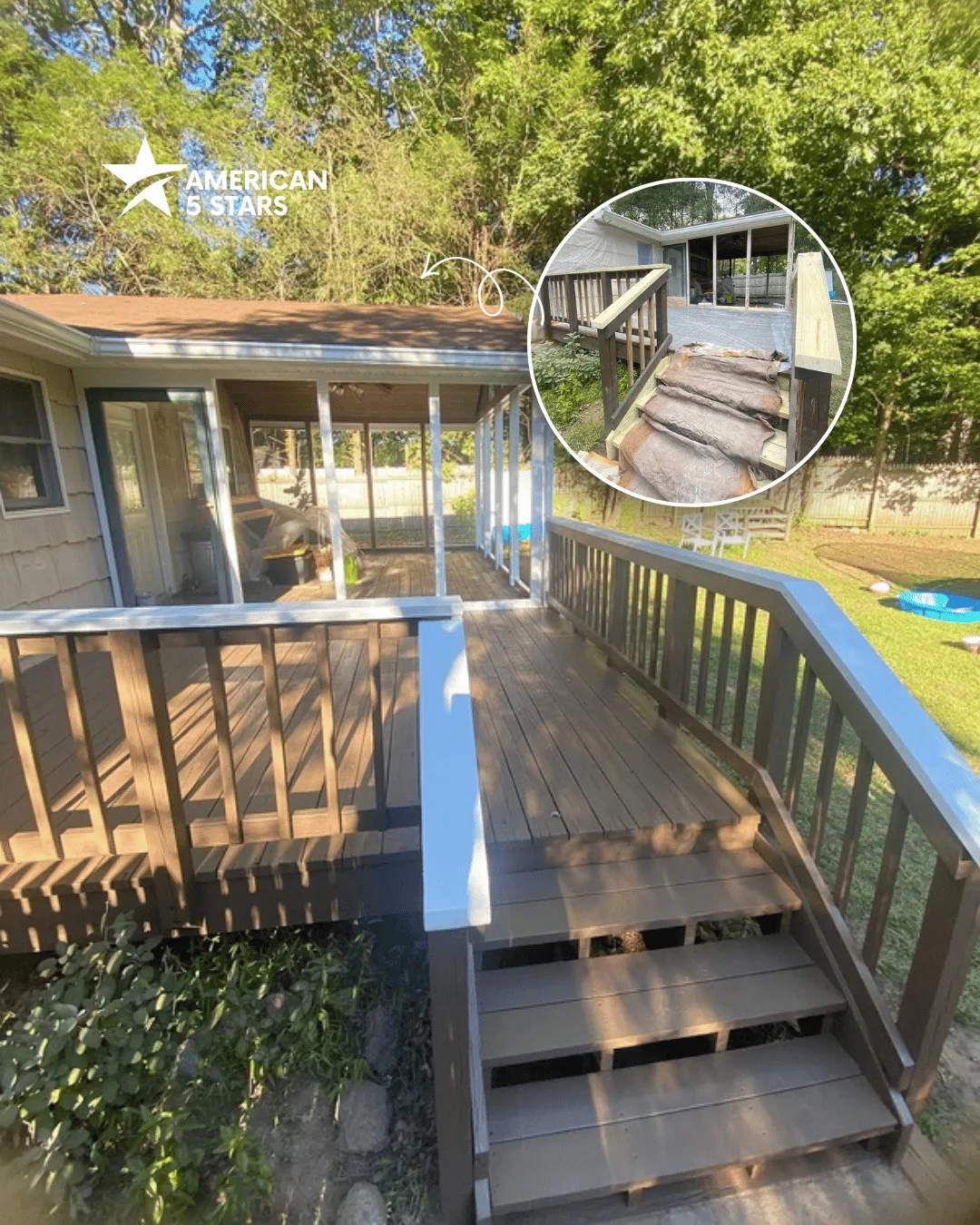 A high-angle view showcasing the results of deck painting and staining on the main walkway and stairs. An inset shows the previous state of the peeling wood before the protective coating was applied.